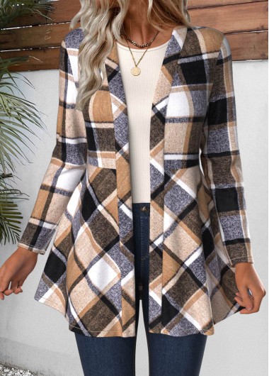 Long Sleeve Plaid Light Coffee Coat Long Sleeve Plaid Light Coffee Coat