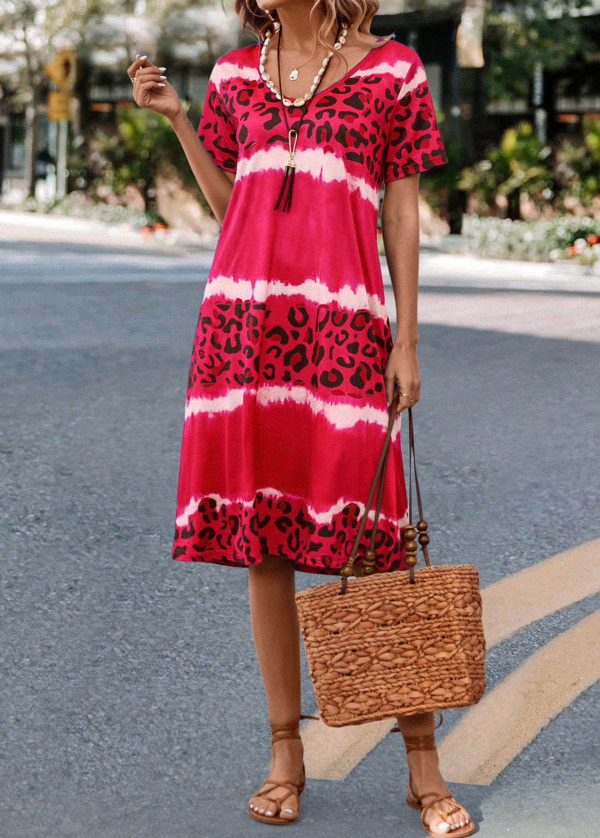 Hot Pink V Neck Leopard Dress