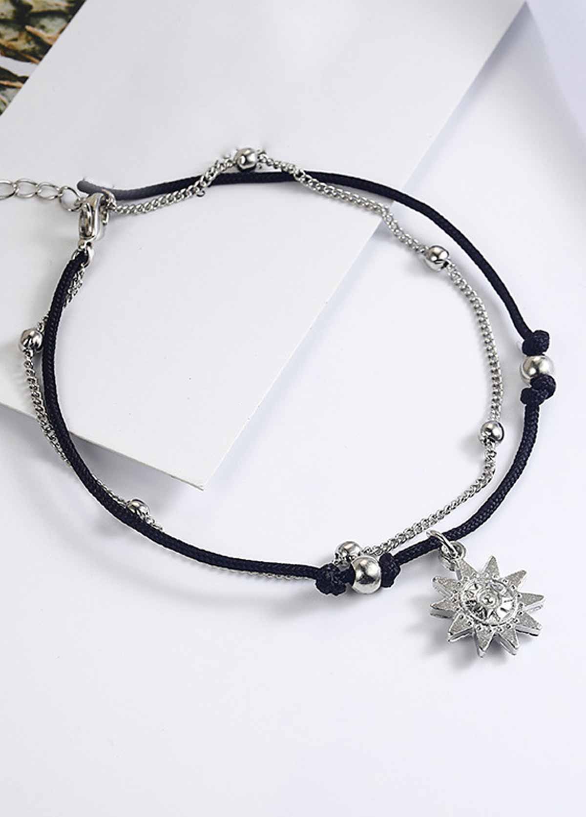 Layered Design Beaded Black Alloy Anklet
