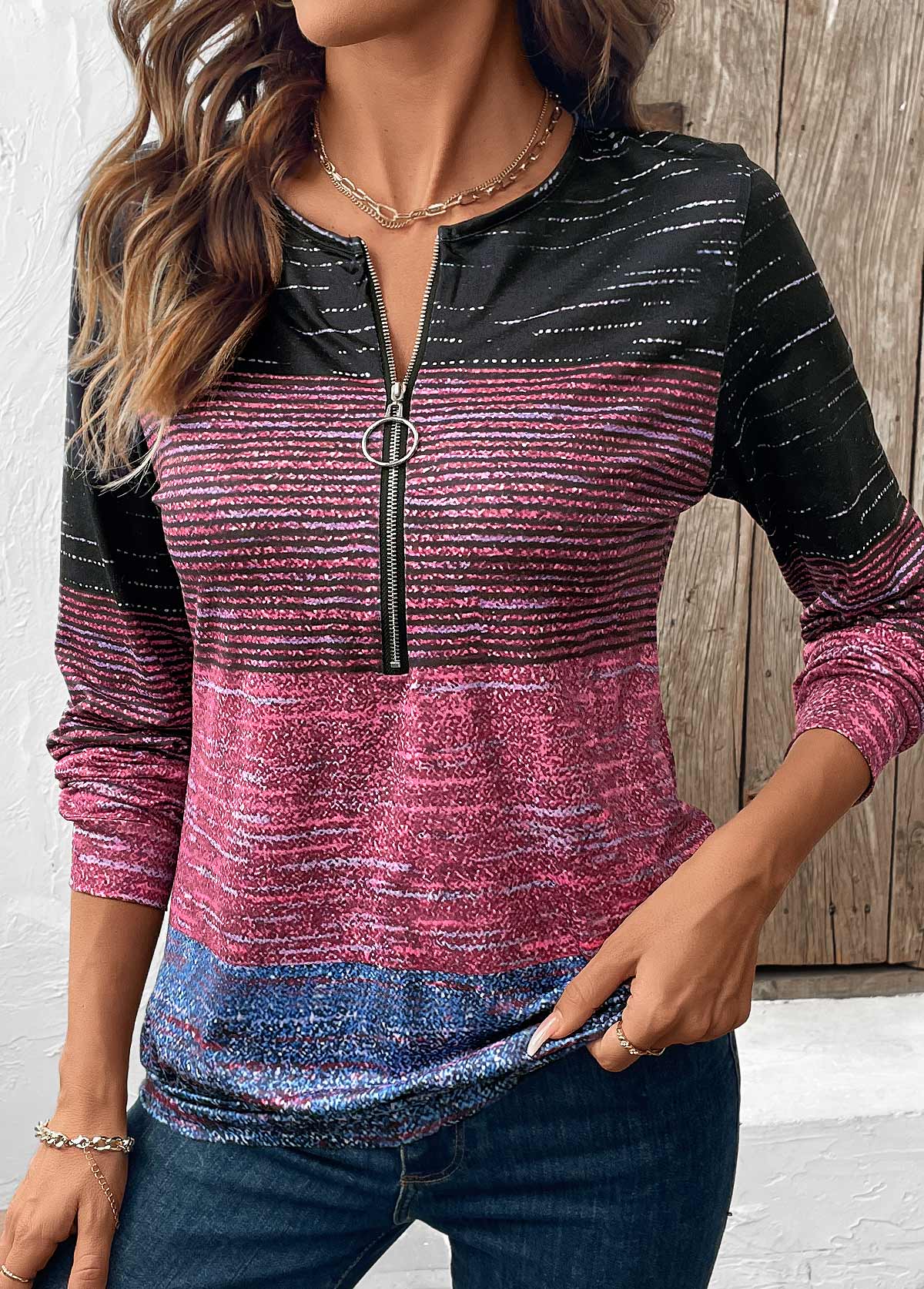 Multi Stripe Print Zipper Long Sleeve Round Neck Sweatshirt