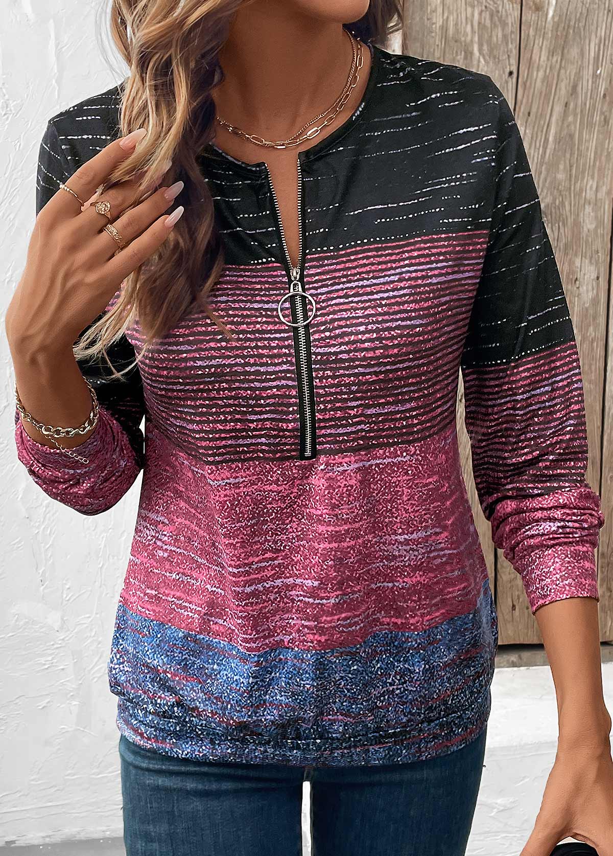 Multi Stripe Print Zipper Long Sleeve Round Neck Sweatshirt