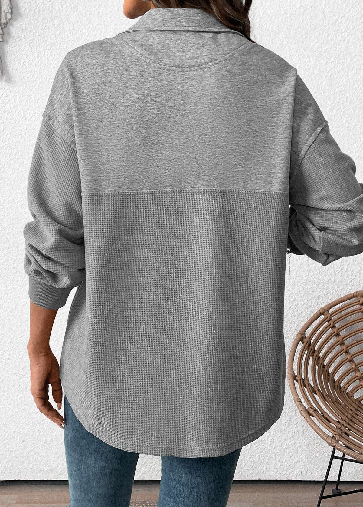 Tummy Coverage Grey Long Sleeve Turn Down Collar Sweatshirt