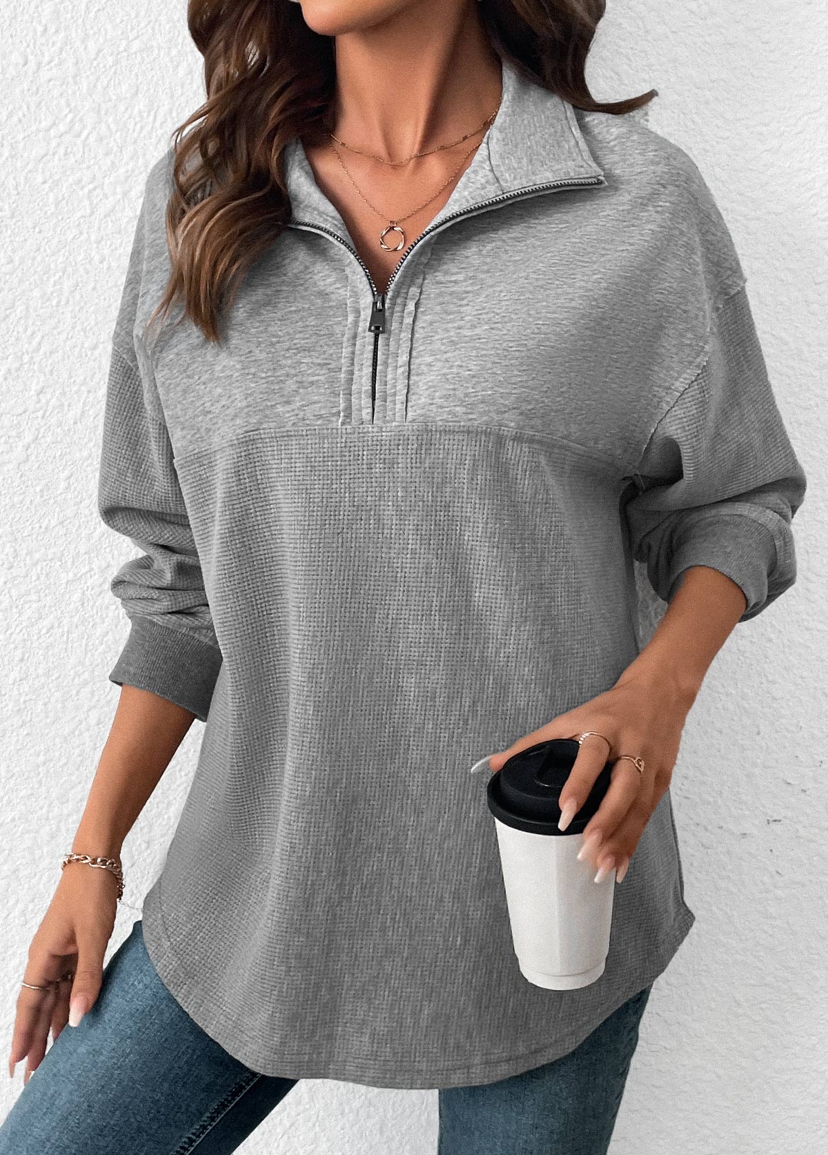 Tummy Coverage Grey Long Sleeve Turn Down Collar Sweatshirt