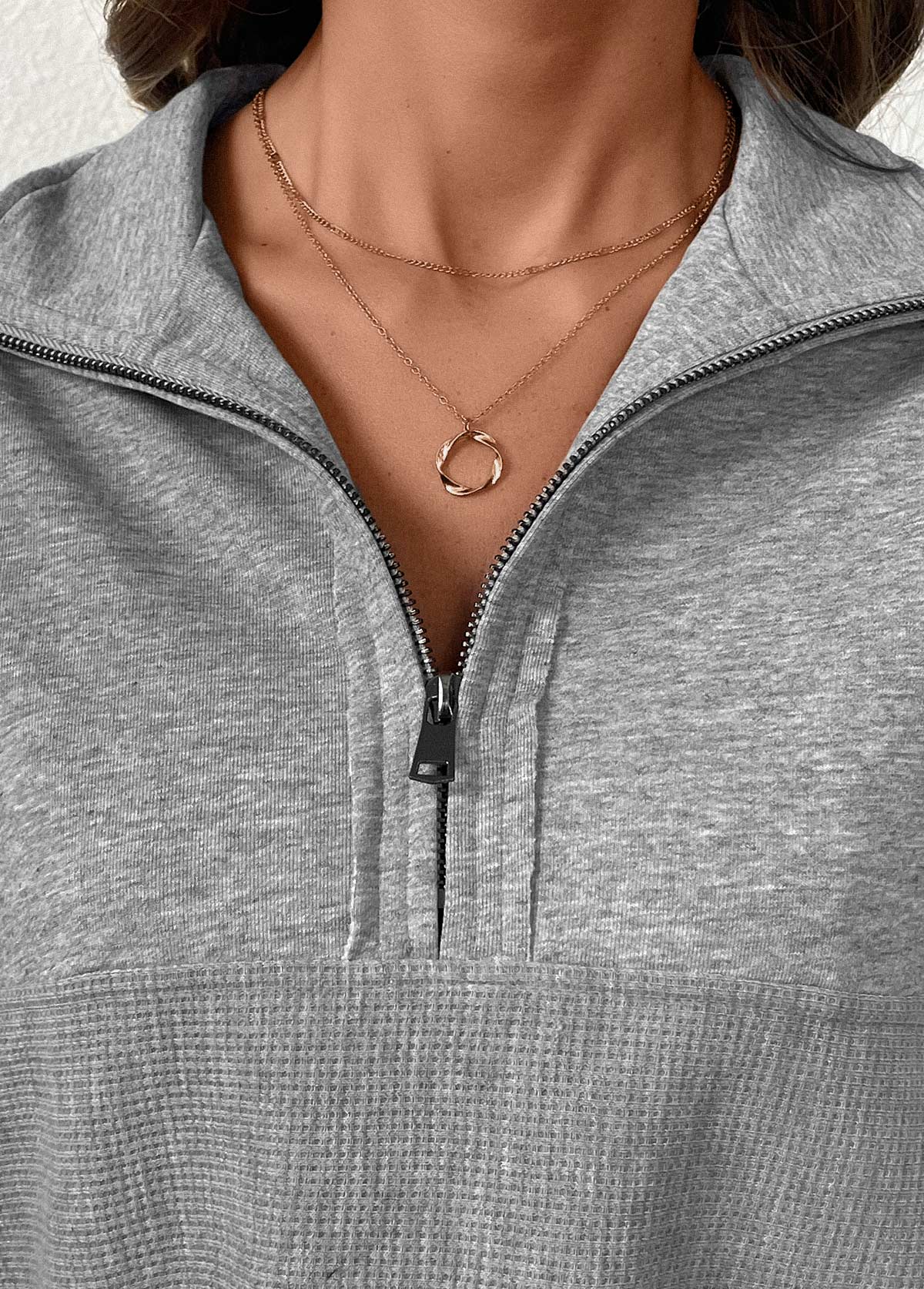 Tummy Coverage Grey Long Sleeve Turn Down Collar Sweatshirt