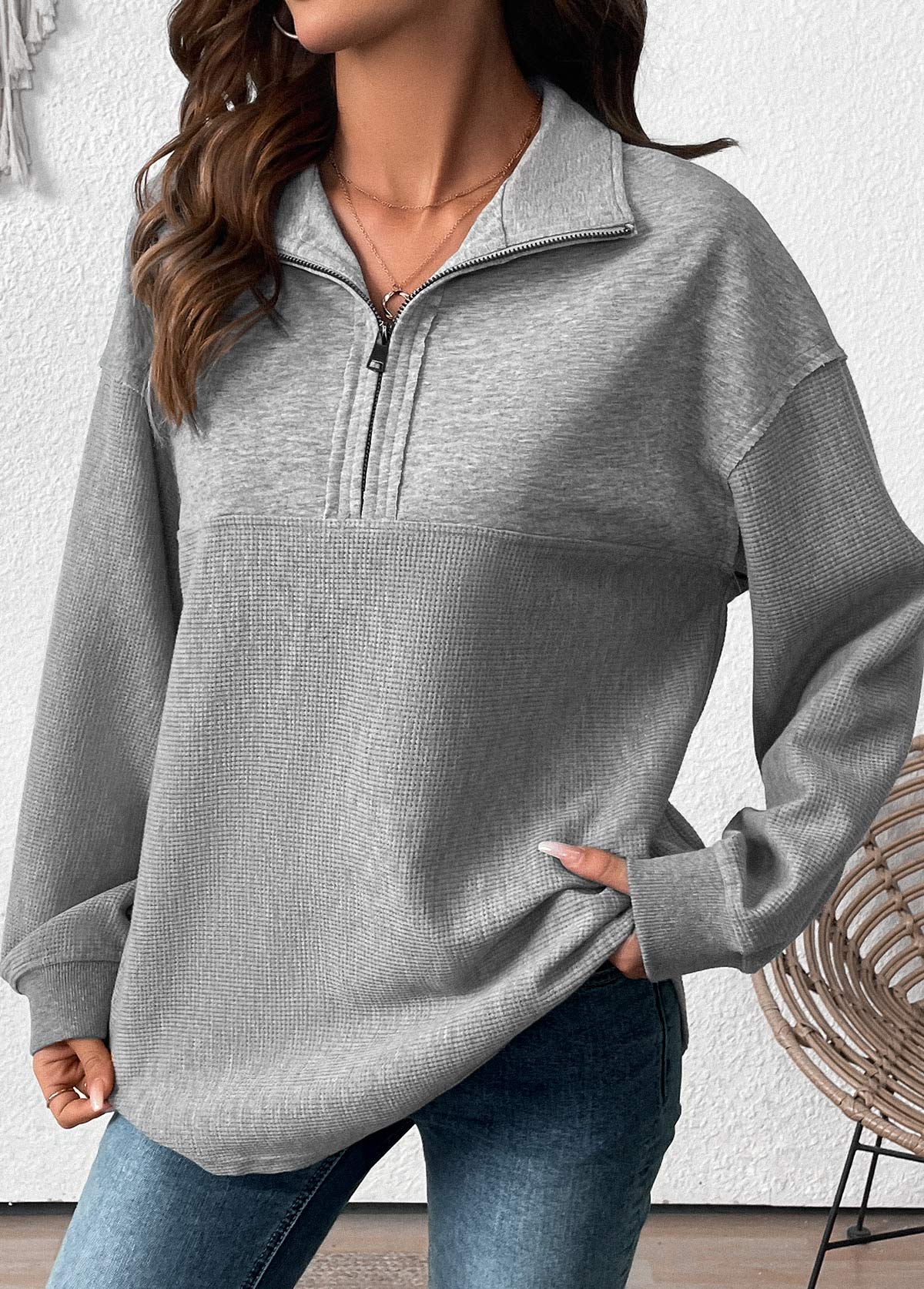 Tummy Coverage Grey Long Sleeve Turn Down Collar Sweatshirt