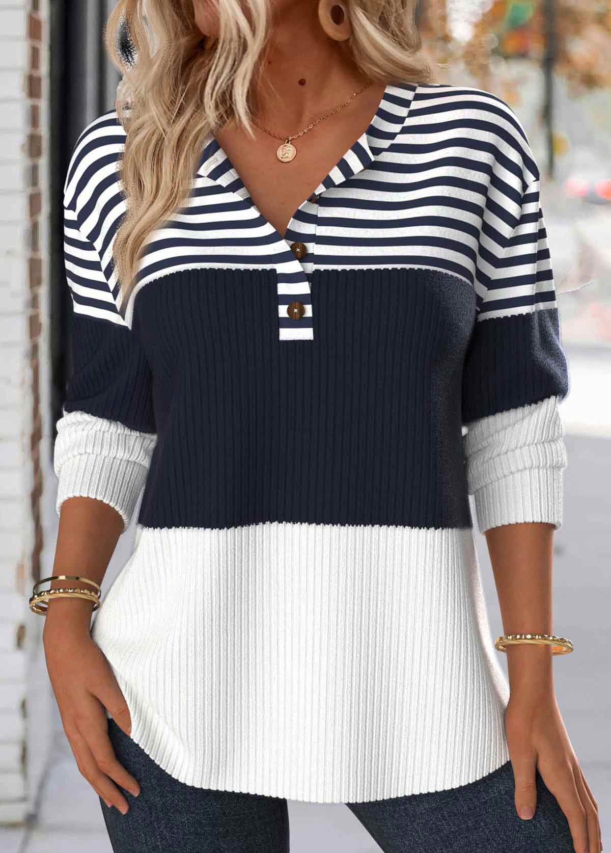 Long Sleeve Terry Sweatshirt in Navy and White Stripes by Boast main image 1