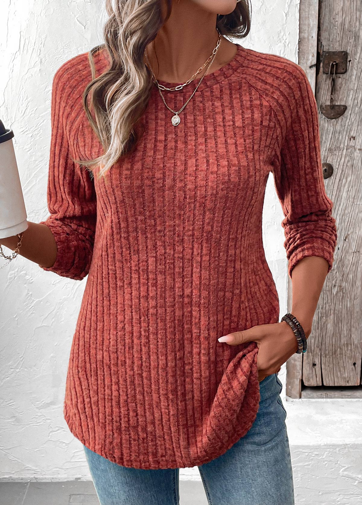 Curved Hem Brick Red Long Sleeve T Shirt
