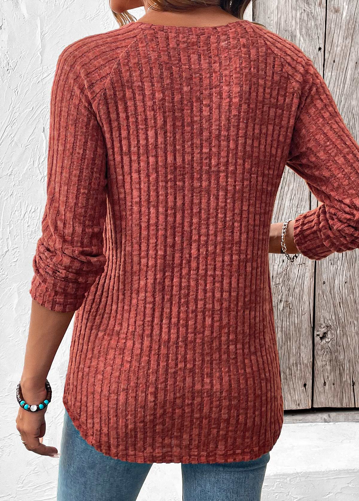 Curved Hem Brick Red Long Sleeve T Shirt
