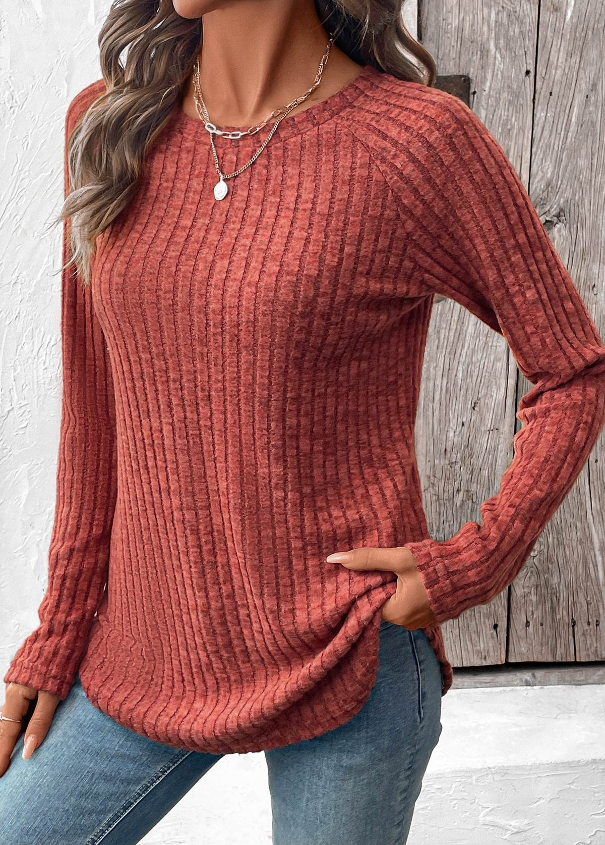 Curved Hem Brick Red Long Sleeve T Shirt