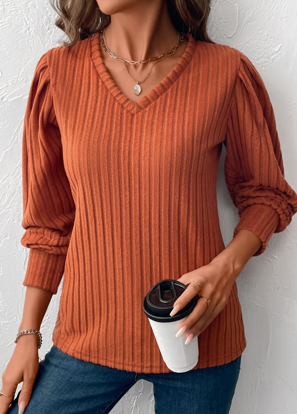 Tummy Coverage Terracotta Long Sleeve V Neck T Shirt