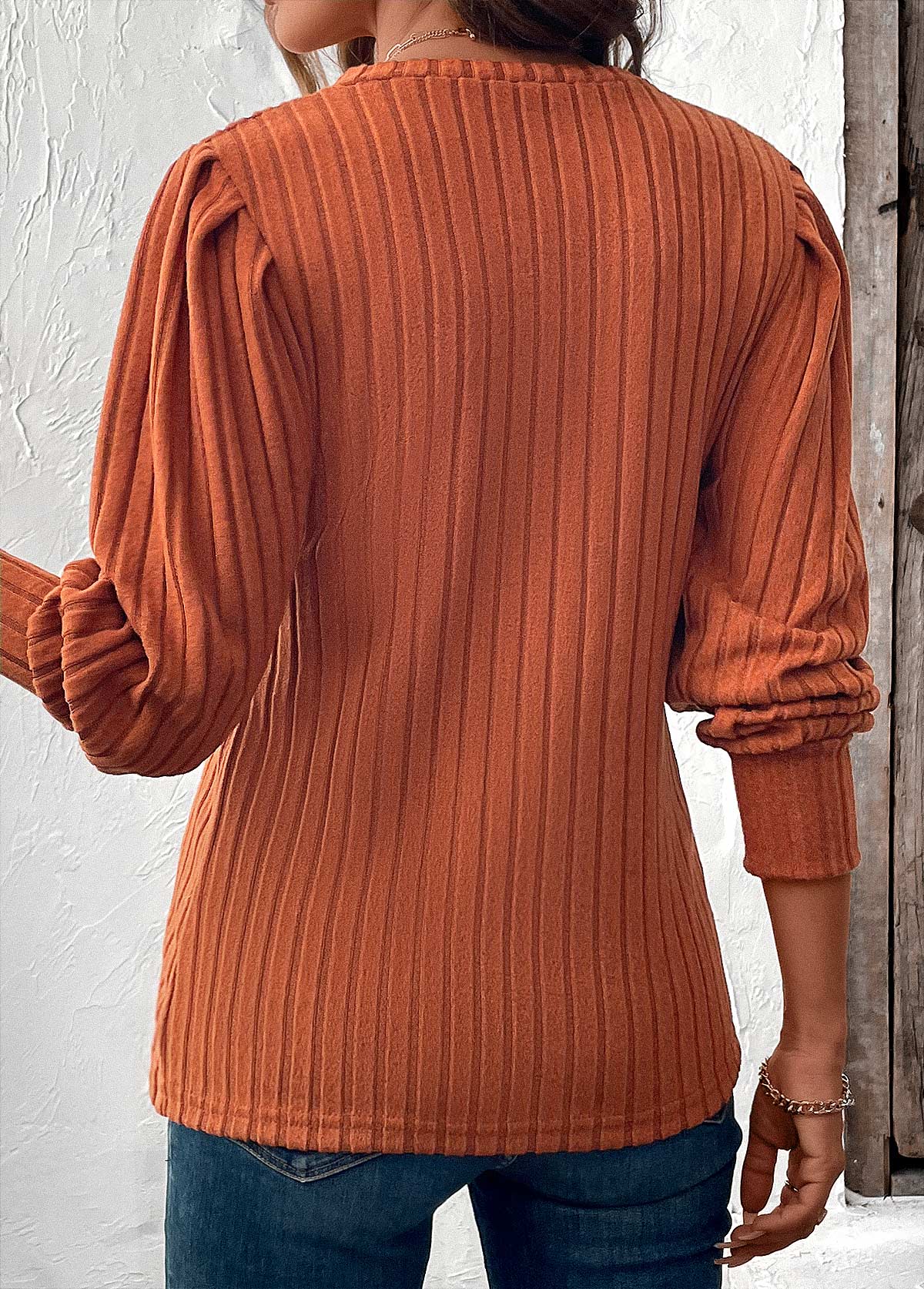 Tummy Coverage Terracotta Long Sleeve V Neck T Shirt