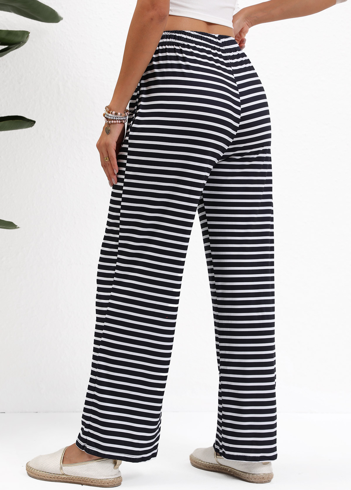 Striped Pocket Black Straight Leg Elastic Waist Pants