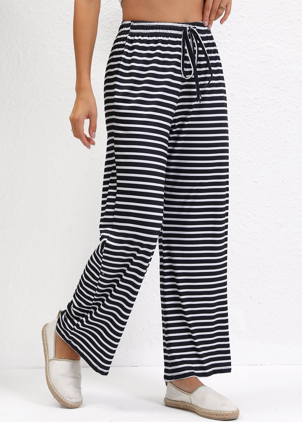 Striped Pocket Black Straight Leg Elastic Waist Pants