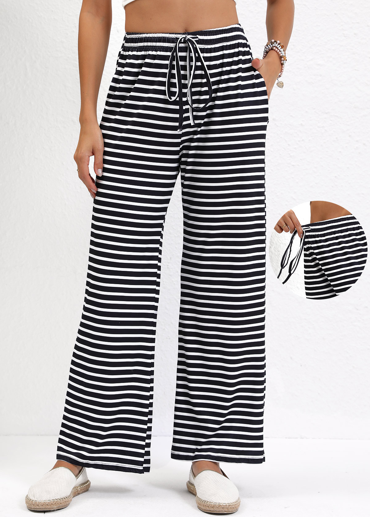 Striped Pocket Black Straight Leg Elastic Waist Pants