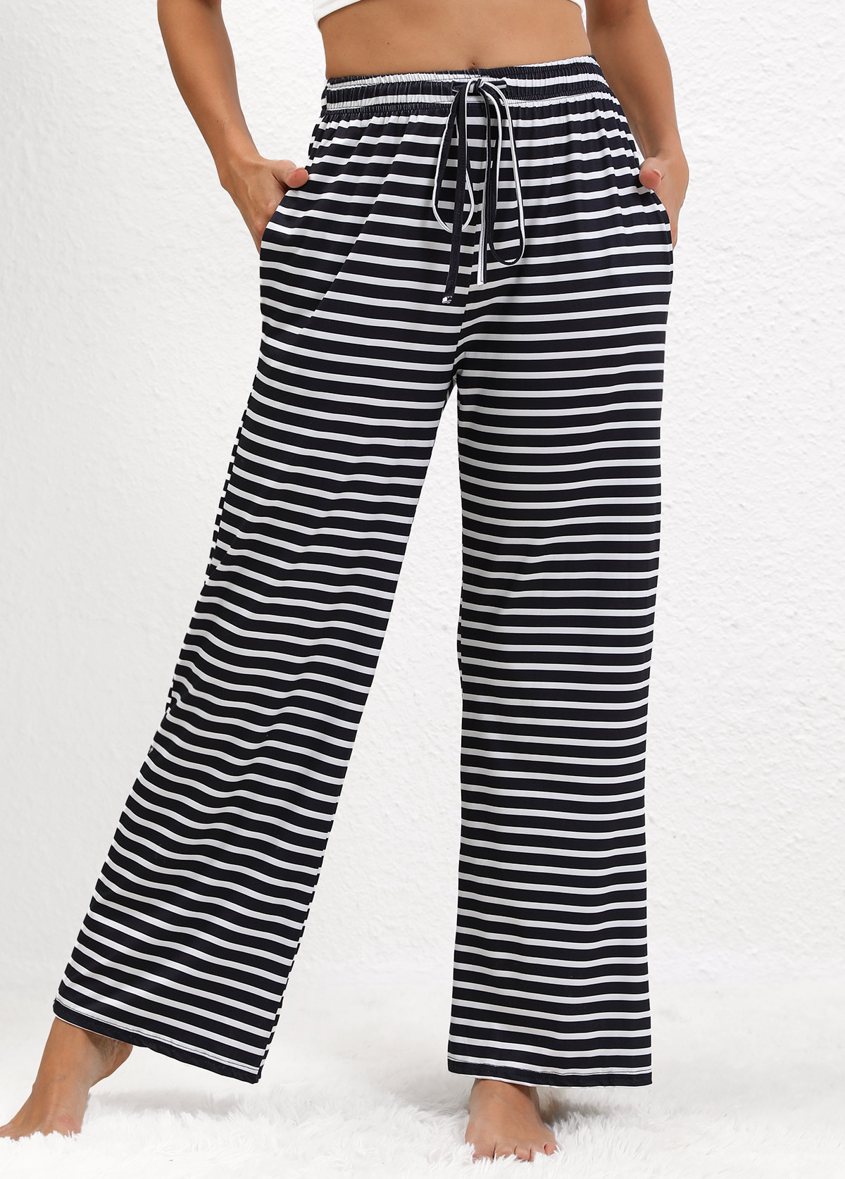 Striped Pocket Black Straight Leg Elastic Waist Pants