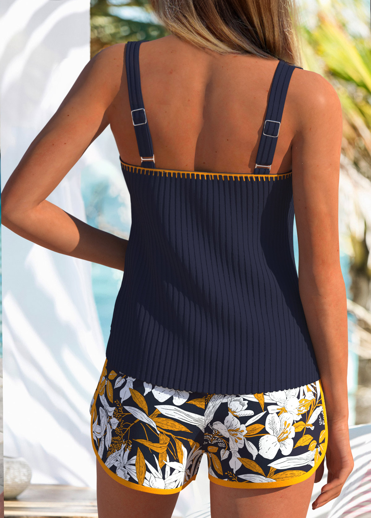 Tropical Plants Print Patchwork Navy Tankini Set