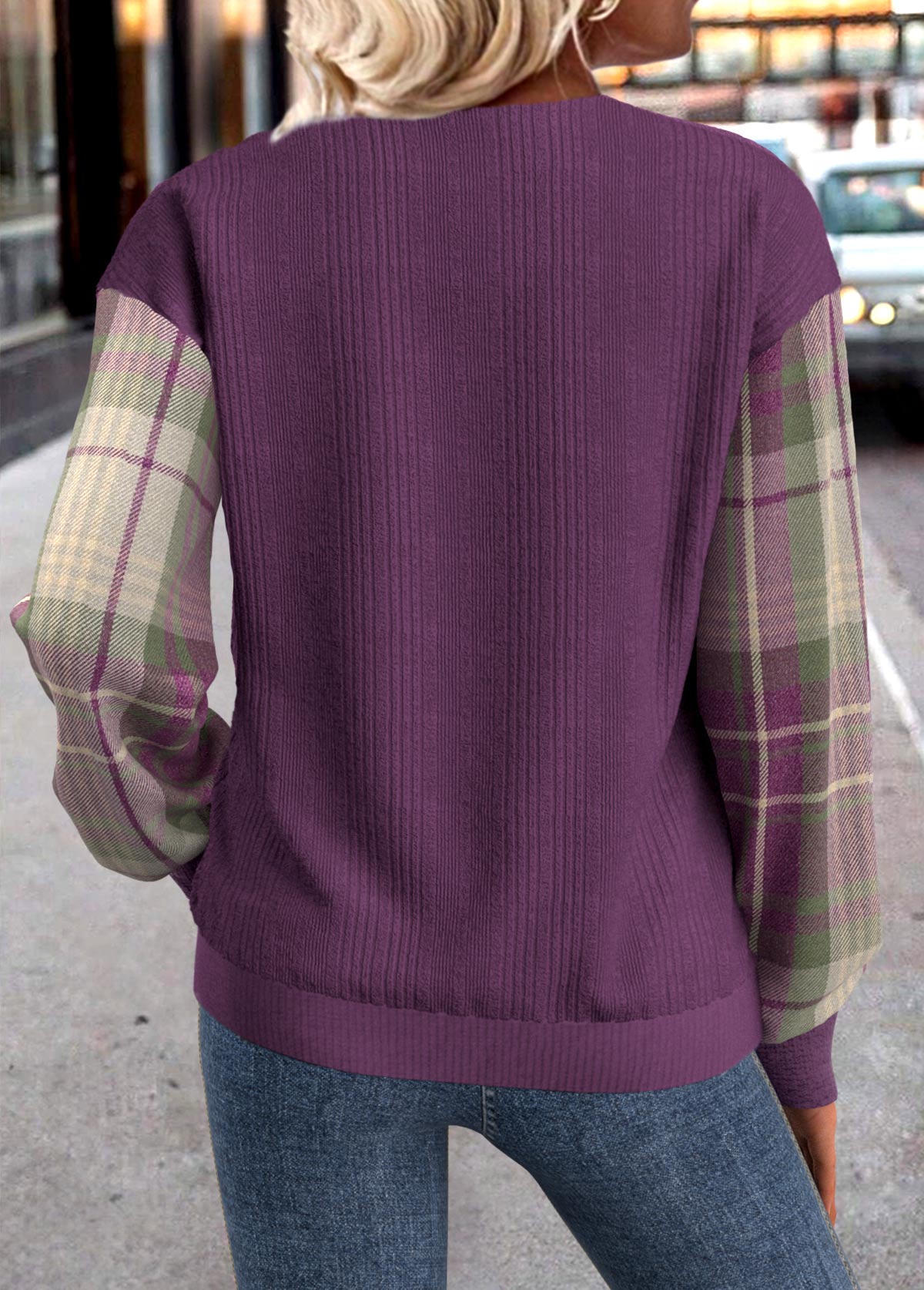 Plus Size Purple Button Plaid Long Sleeve Sweatshirt