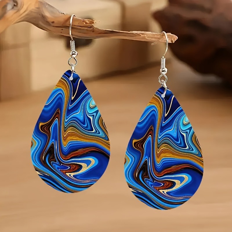 Dark Blue Droplet Wood Material Earrings