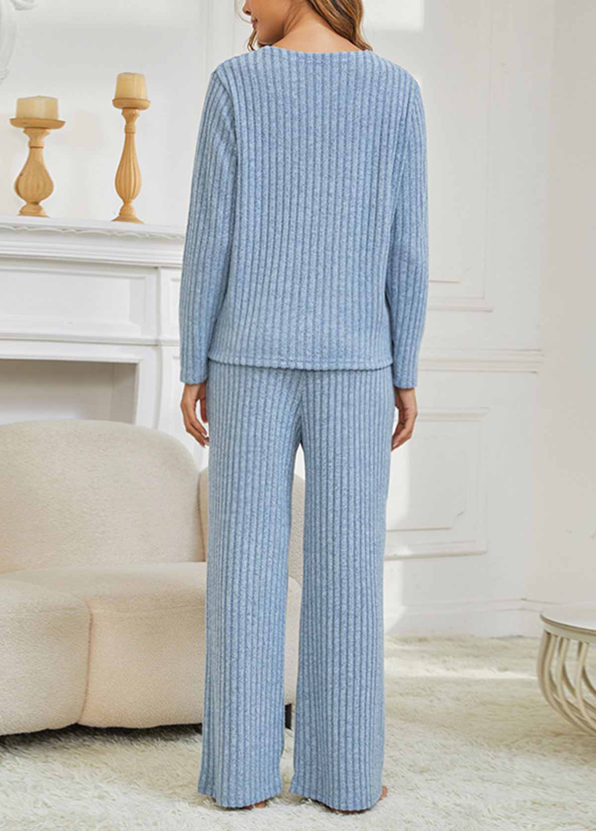 V Neck Dusty Blue Lounge Top and Pants | Rosewe.com - USD $42.98