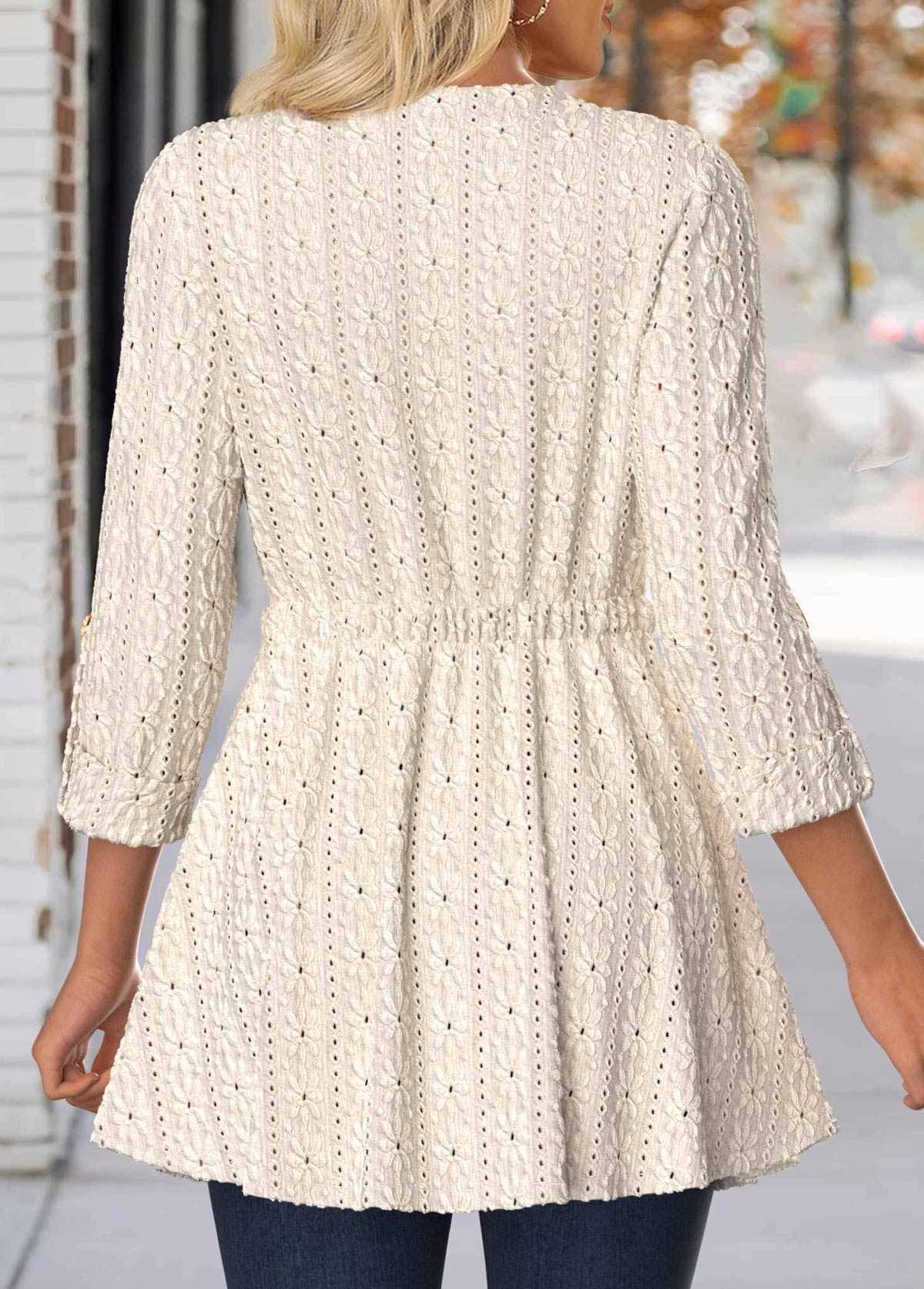 Lace Beige 3/4 Sleeve Round Neck Coat