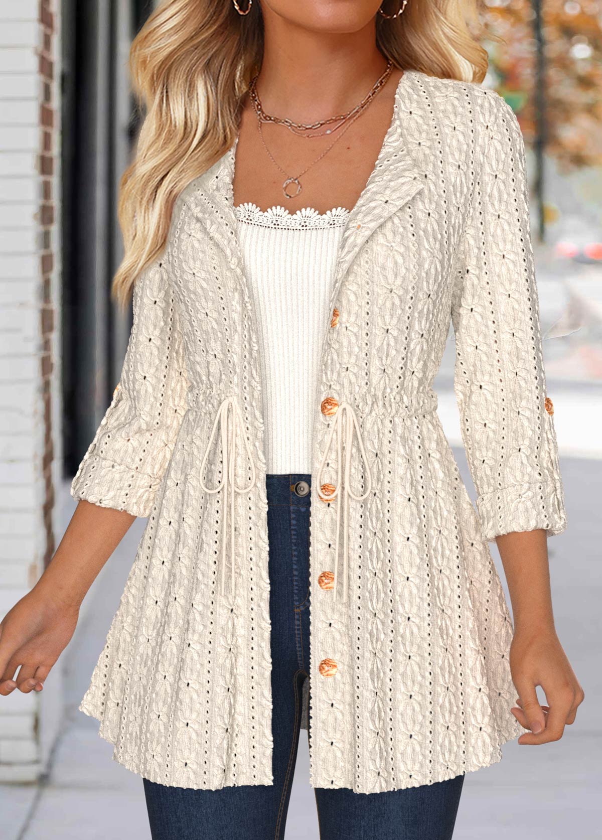 Lace Beige 3/4 Sleeve Round Neck Coat