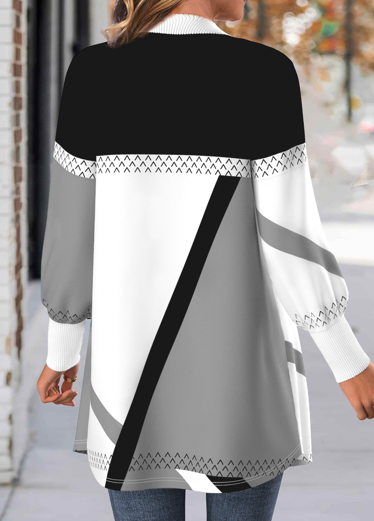 Geometric Print Button Light Grey Long Sleeve Coat