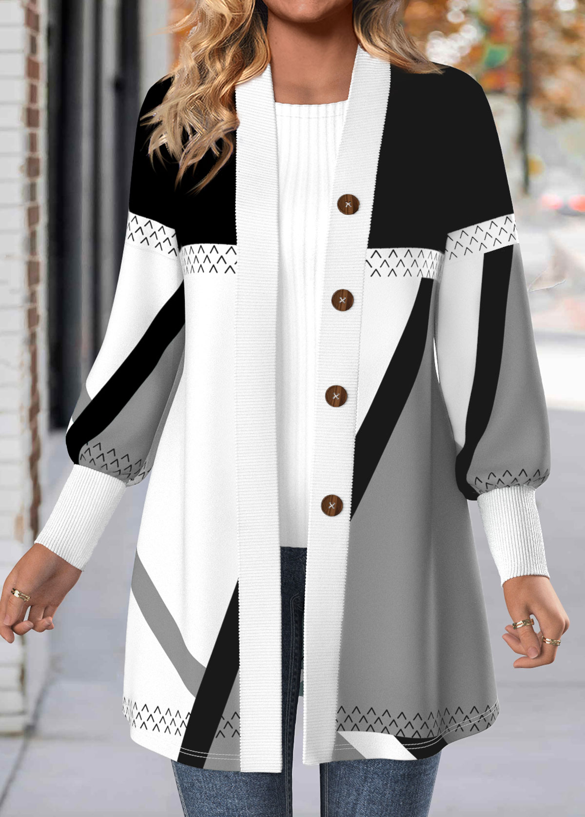 Geometric Print Button Light Grey Long Sleeve Coat