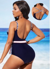 Decorative Belt Navy Blue Striped One Piece Swimwear
