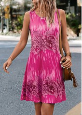 Paisley Print Neon Rose Red Scoop Neck Dress
