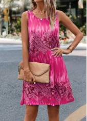 Paisley Print Neon Rose Red Scoop Neck Dress