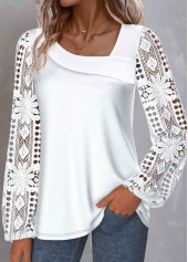 Lace White Long Sleeve Asymmetrical Neck Blouse