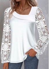 Lace White Long Sleeve Asymmetrical Neck Blouse