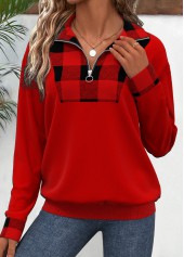 Plaid Patchwork Red Long Sleeve Turn Down Collar Sweatshirt