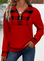 Plaid Patchwork Red Long Sleeve Turn Down Collar Sweatshirt