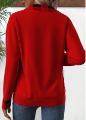 Plaid Patchwork Red Long Sleeve Turn Down Collar Sweatshirt