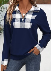 Plus Size Navy Patchwork Plaid Long Sleeve Sweatshirt