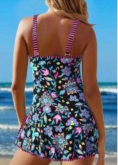 Plus Size Black Floral Print Circular Ring Tankini Set