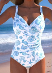 Marine Life Print Surplice White One Piece Swimwear