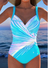 Tropical Plants Print Drawstring Cyan One Piece Swimwear