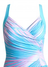 Tropical Plants Print Drawstring Cyan One Piece Swimwear