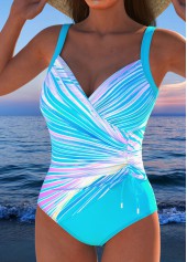 Tropical Plants Print Drawstring Cyan One Piece Swimwear