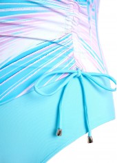 Tropical Plants Print Drawstring Cyan One Piece Swimwear