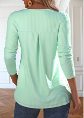 Patchwork Light Green Long Sleeve Split Neck T Shirt