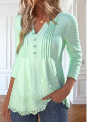 Patchwork Light Green Long Sleeve Split Neck T Shirt