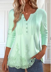 Patchwork Light Green Long Sleeve Split Neck T Shirt