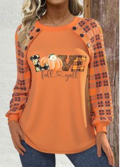 Halloween Button Orange Long Sleeve Round Neck Sweatshirt
