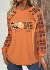 Halloween Button Orange Long Sleeve Round Neck Sweatshirt