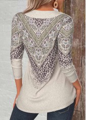 Leopard Button Light Camel Long Sleeve T Shirt