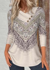 Leopard Button Light Camel Long Sleeve T Shirt