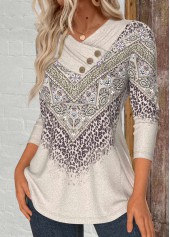 Leopard Button Light Camel Long Sleeve T Shirt